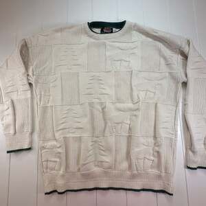 Vintage Brunswick Knitwear Yellowstone Park White Navy USA Made Cotton Sweater S
